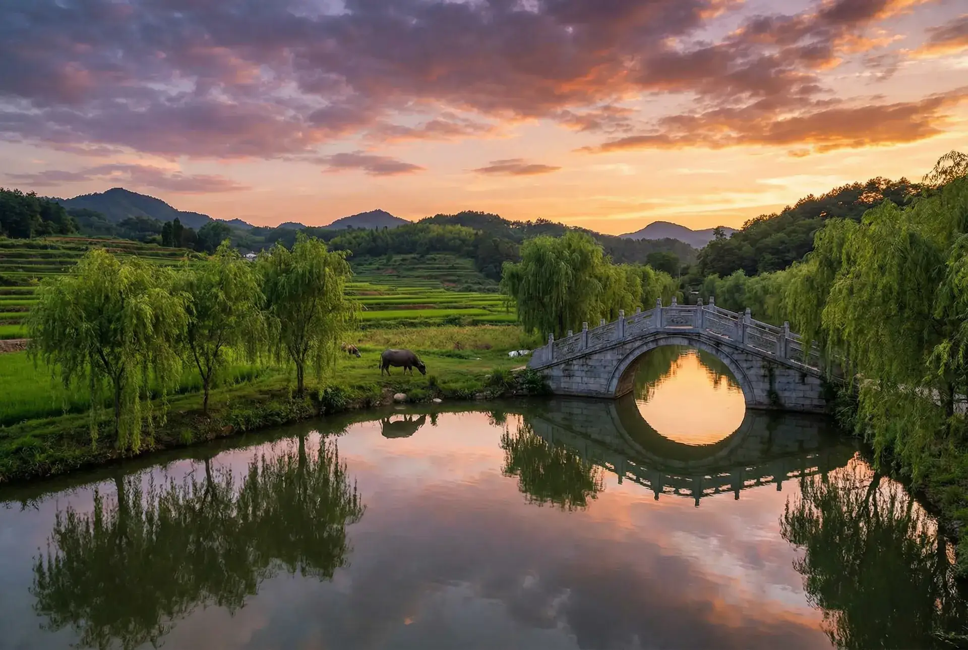 夕阳下的石拱桥与垂柳，水牛在河边吃草 - 俺去啦五月丁香色 乡村美景